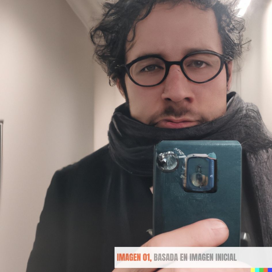 Variación de la imagen original. ¡Empezamos fuerte! Ya en la primera variación mi rostro cambia sensiblemente, y las gotas de lluvia en mis gafas, quizá el detalle más característico de la foto inicial, han desaparecido. Eso sí, la IA parece haber captado mi ademán de cansancio, y ahora estamos ante una versión agotada de mí. Misteriosamente ya no estoy en el ascensor, sino en el descansillo de la casa de a saber quién. Y el smartphone está hecho una pena.