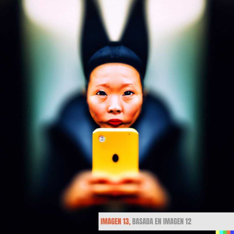 Aquí pasamos al tercer nivel: de los versionados fantásticos, a los oníricos. Sin seguir aparentemente ninguna lógica el smarphone ahora es amarillo pollo, un cambio en apariencia trivial y aleatorio pero que, como verás, creo que tuvo su particular sentido y conllevará efectos devastadores. Por cierto, he pasado a tener facciones de mujer, pero sinceramente eso es lo que menos llama la atención ahora.