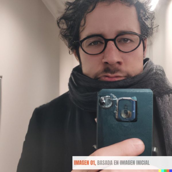 Variación de la imagen original. ¡Empezamos fuerte!  Ya en la primera variación mi rostro cambia sensiblemente, y las gotas de lluvia en mis gafas, quizá el detalle más característico de la foto inicial, han desaparecido. Eso sí, la IA parece haber captado mi ademán de cansancio, y ahora estamos ante una versión agotada de mí. Misteriosamente ya no estoy en el ascensor, sino en el descansillo de la casa de a saber quién. Y el smartphone está hecho una pena.