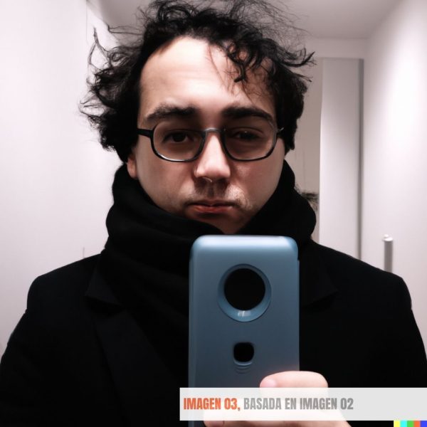 Tercera variación. Me muestro frustrado por la vida, tremendamente agotado, y ahora además no sé si he pasado 48 horas seguidas de juerga desmedida o sufro alguna enfermedad muy chunga.  Eso sí, la IA me ha vestido con un elegante abrigo y bufanda negros, y el móvil ha pasado de estar roto a estar recién sacado de la caja. ¡Al menos en esta versión manejo pasta!